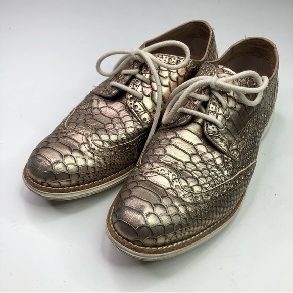 Cole Haan Lunargrand wingtip shoes metallic gold faux crocodile lace up size 7 - Picture 11 of 11